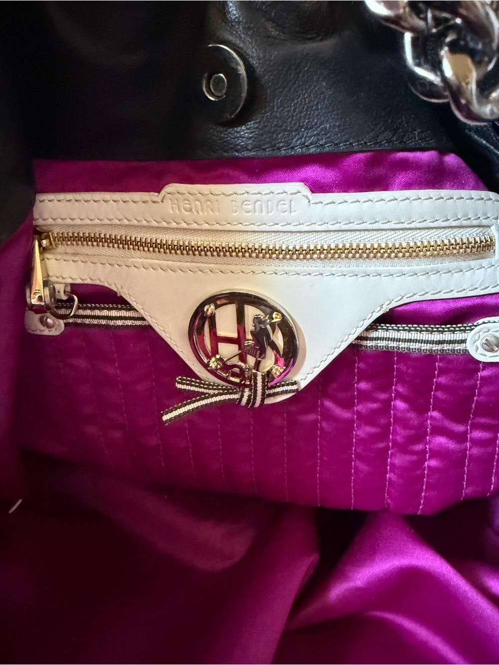 💯Auth! Henri Bendel Calf Hair Leopard Chain Handle Shoulder Bag Blk Leather Trim - Picture 8 of 16